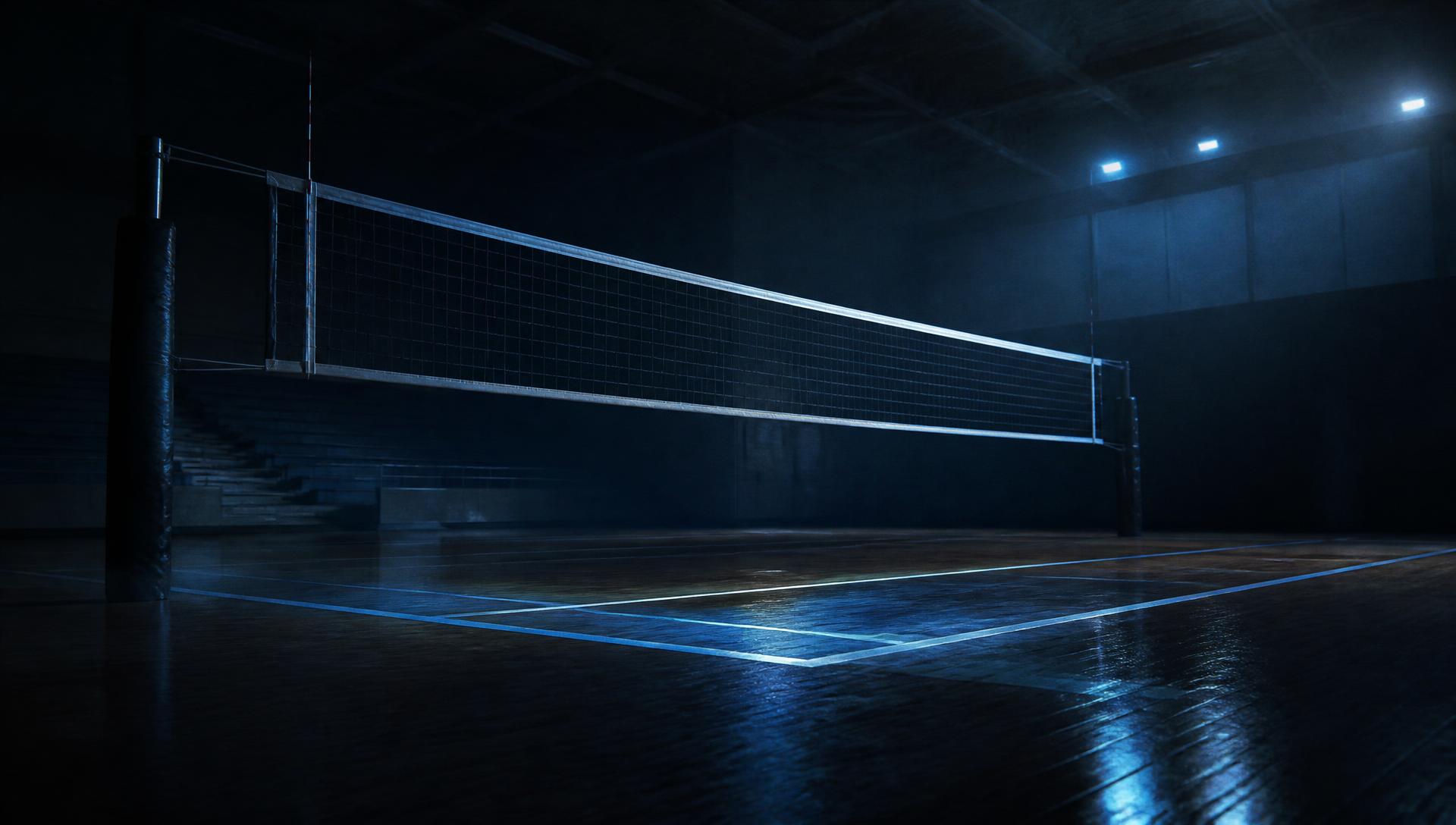 Empty indoor volleyball court at night